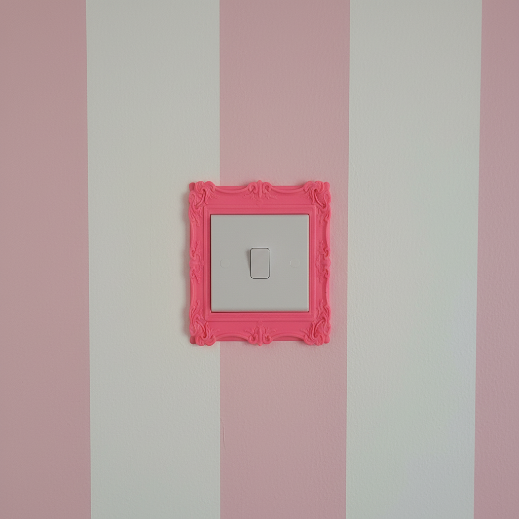 Baroque surround on baby pink striped wall 1 no skirting