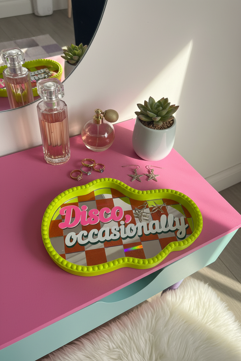 Disco Occasionally Tray on Blush Pink Vanity with Jewellery