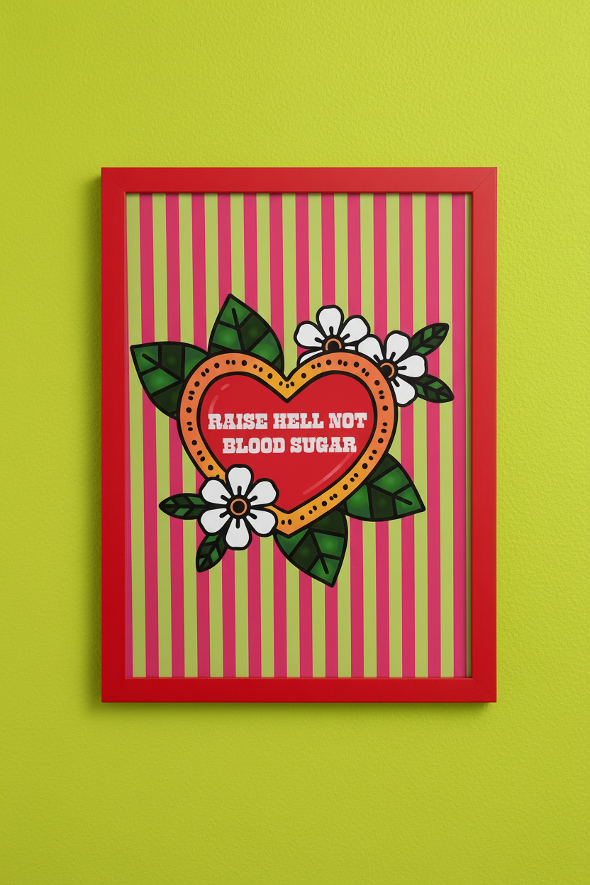 Raise Hell Not Blood Sugar - Red Frame Lime Green Wall
