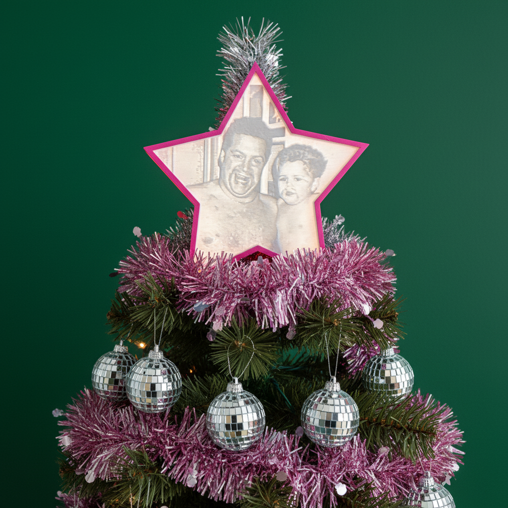 Star frame attached to tree tip close-up